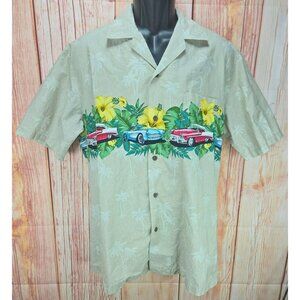 Pacific Legend Mens Classic Cars-Hibiscus Cotton Hawaiian Shirt Large